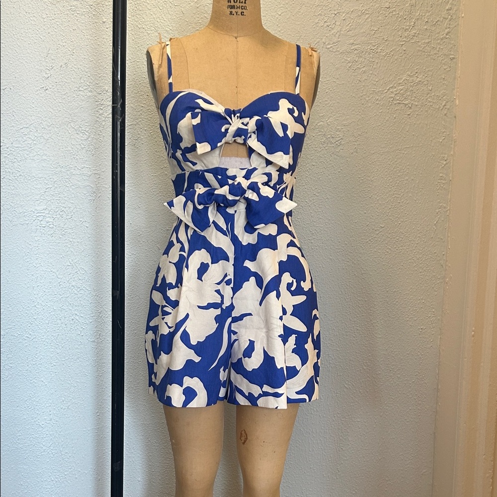 Milly Blue and White Floral Tie-Front Romper